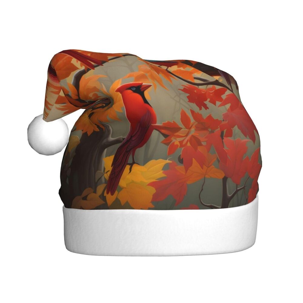 1258 Fall Cardinal Birds and Maple-Leaves Christmas Hat for Adults, Santa